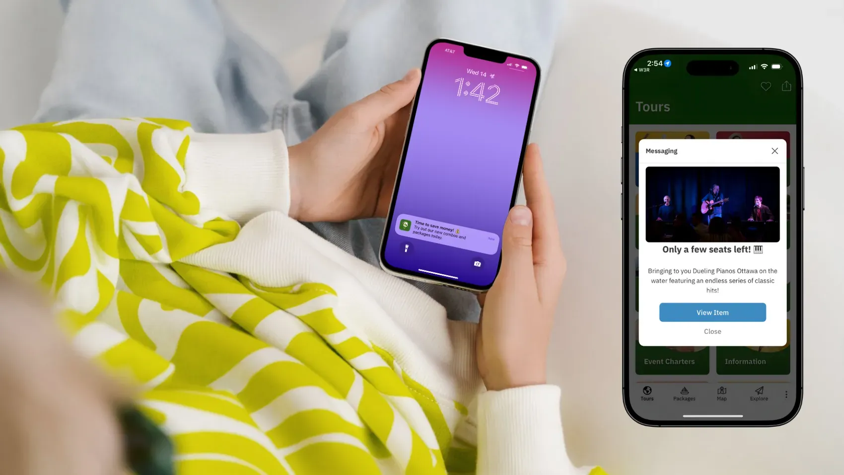 Mobile app notifications promoting event deals and limited seating for a live music show.