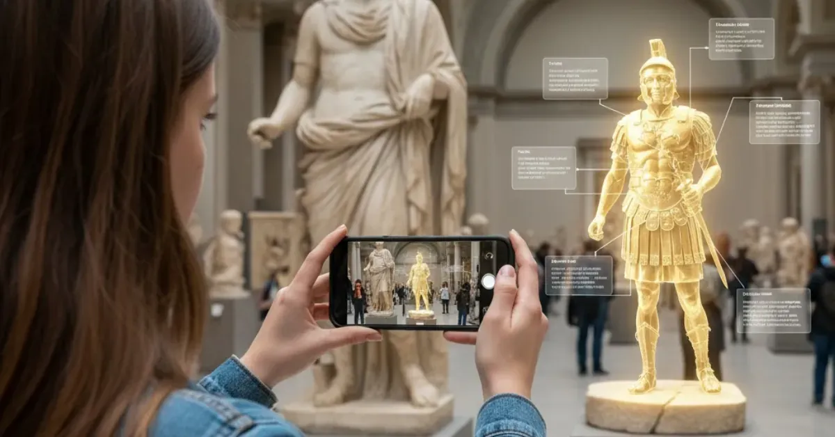 A woman using augmented reality to point at a statue, with digital information or graphics appearing on her screen.