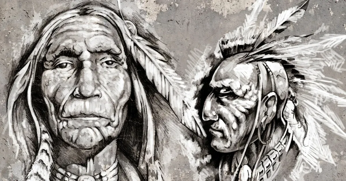 A black-and-white mural depicting two Native American elders or chiefs wearing traditional feathered headdresses on a textured wall.