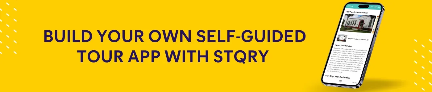 STQRY promotional graphic showing a mobile phone with a tour guide app interface.