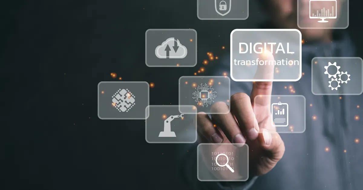 Hand touching virtual digital transformation interface with futuristic technology icons.