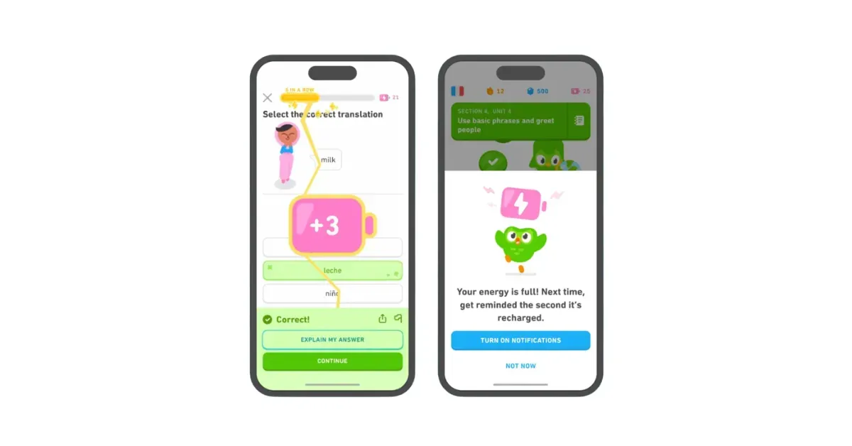 Duolingo mobile app interface showcasing a gamified experience through progress bars, reward points, and energy recharge notifications.