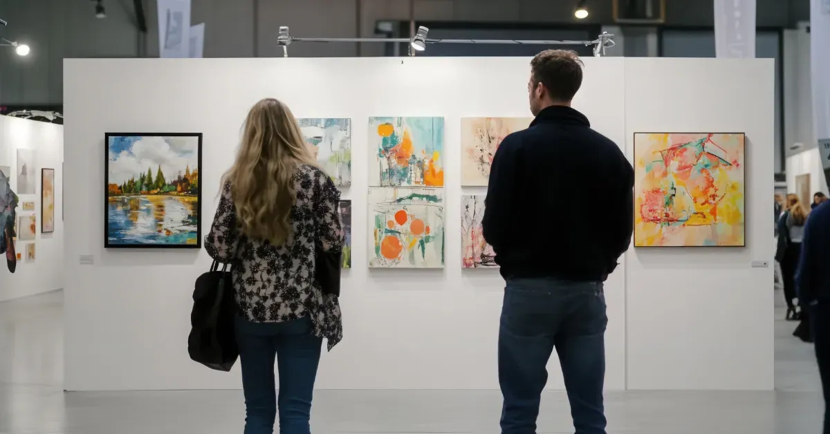 A man and woman looking at paintings in a museum exhibit.