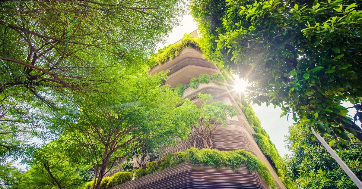 Building surrounded by green luscious trees.