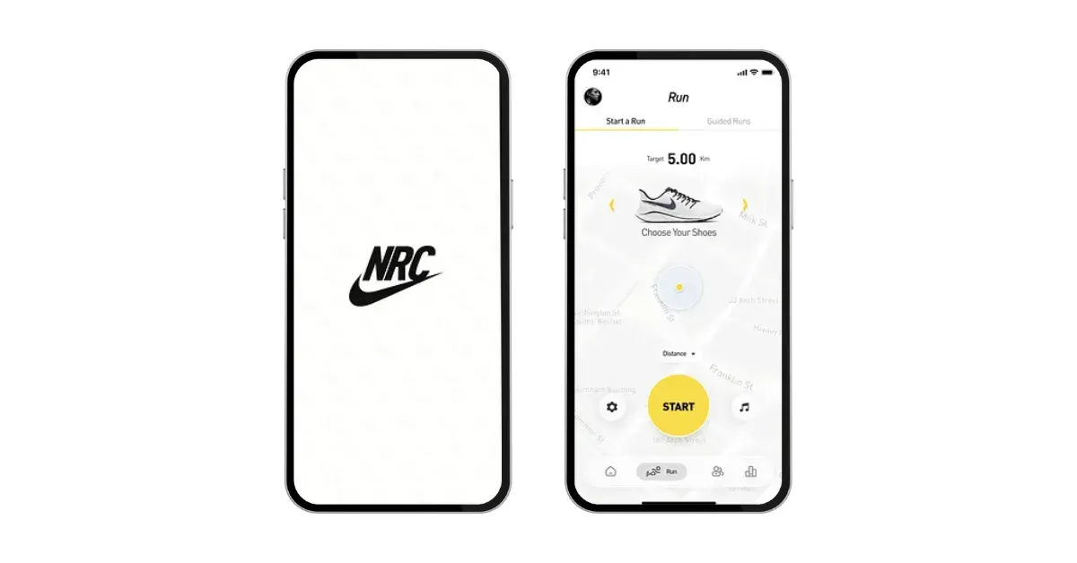 Nike Run Club app interface showcasing a gamified experience for runners with goal setting, gear tracking, and interactive start controls.