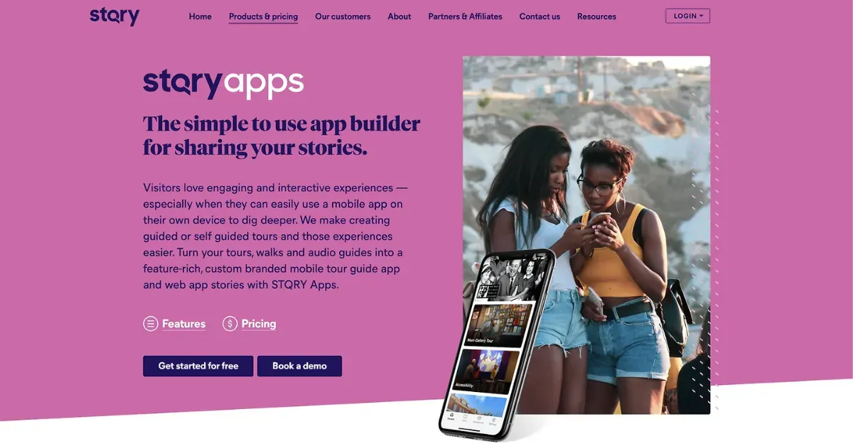 Screenshot of the STQRY Apps landing page showcasing features and app icons.