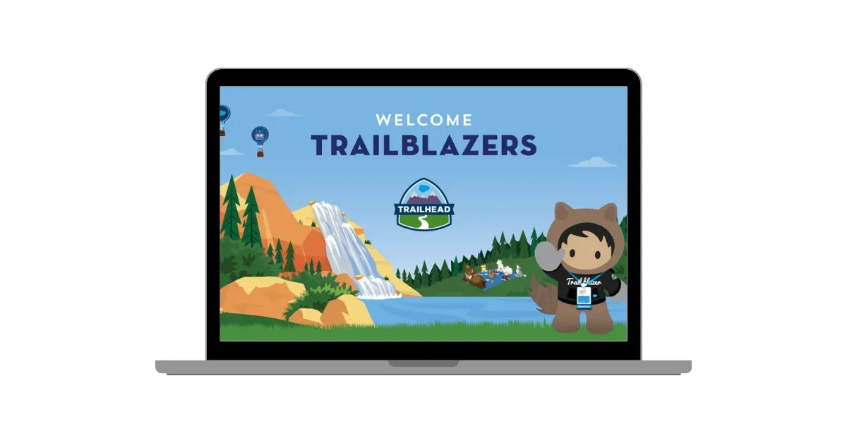 Salesforce Trailhead laptop screen showcasing a gamified experience with a wilderness theme, welcoming 'Trailblazers' to a world of badge-based learning.