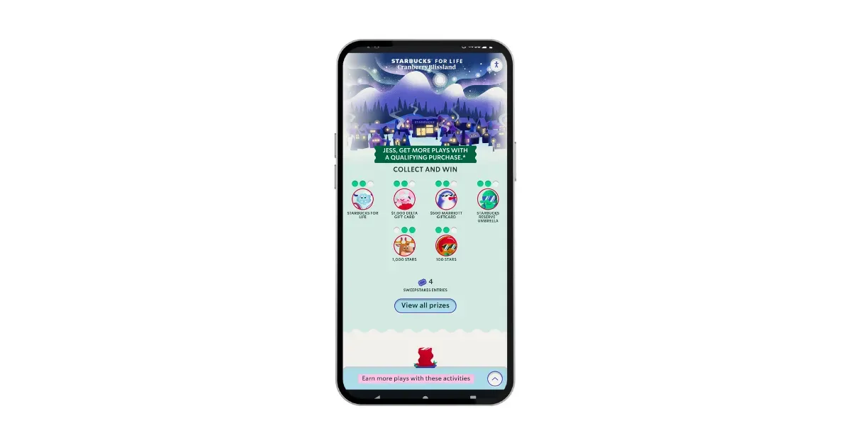 Starbucks mobile app interface showing a gamified experience where users collect character icons to win prizes like Starbucks for Life and gift cards.