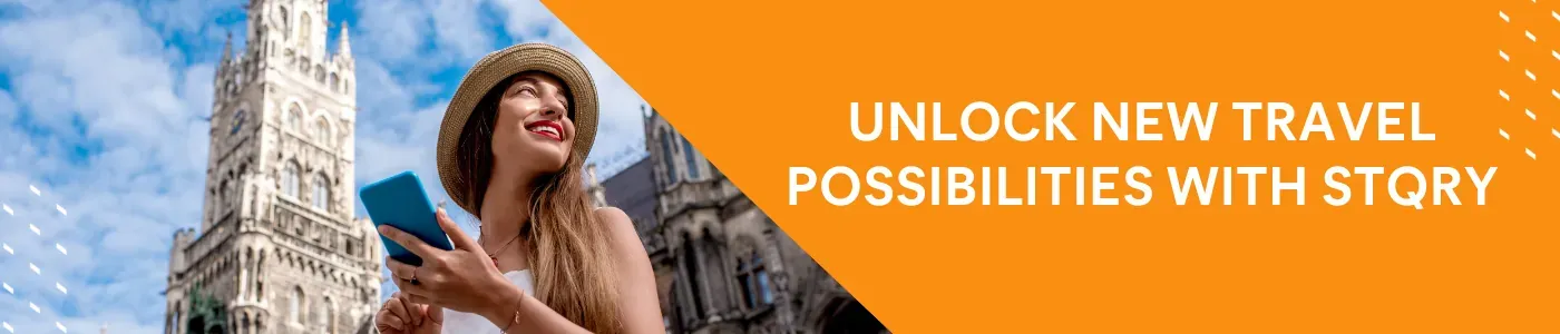 Woman with smartphone in front of historic building, text reads "Unlock New Travel Possibilities with STQRY.